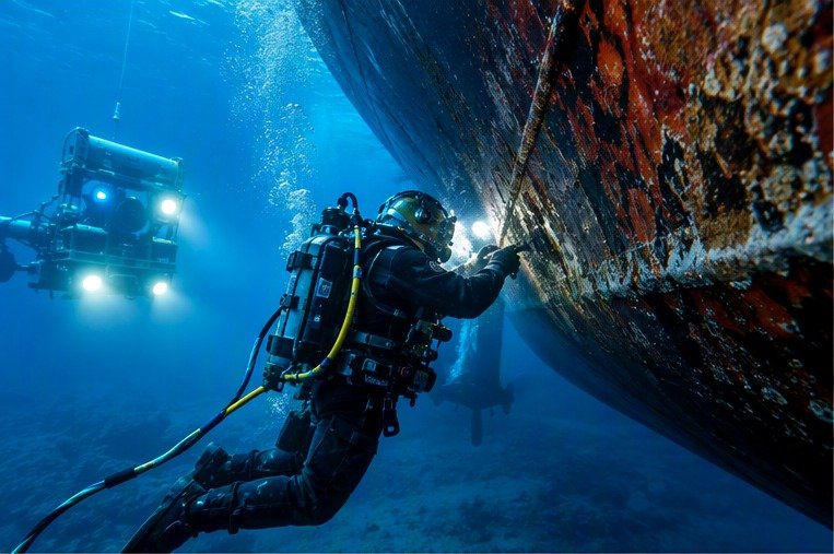 Underwater diver inspecting a vessel hull