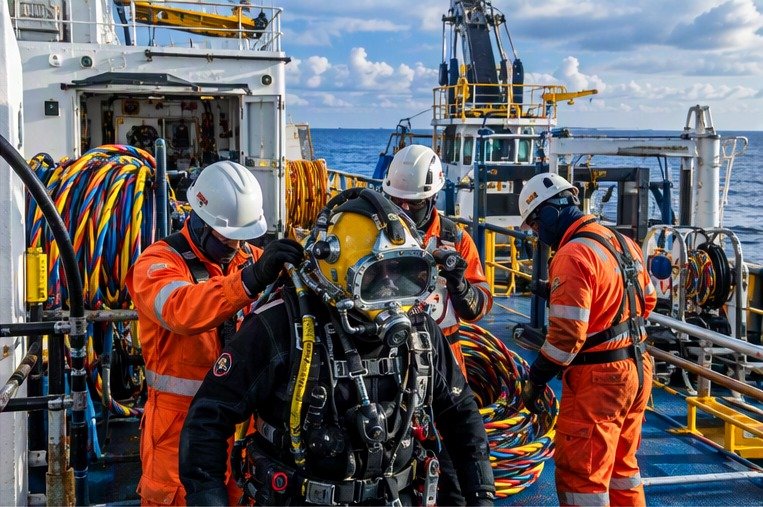 Commercial diving team preparing equipment on a marine support vessel